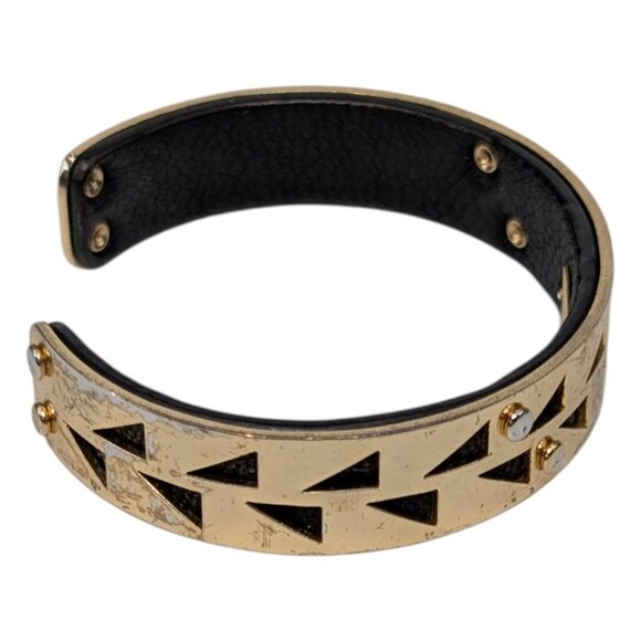 Vtg Stella Dot Addison Cuff Bracelet Gold Tone Black Leather Geometric Cutout - Picture 3 of 9